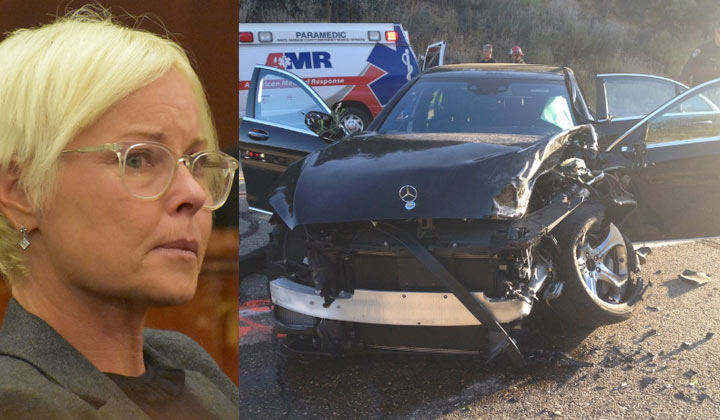 Jensen Buchanan in court along side a photo of the car accident she was involved in